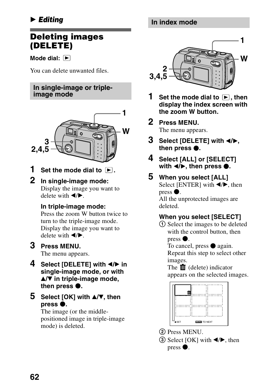 Deleting images (delete), In single-image or triple- image mode, In index mode | B editing | Sony DSC-P30 User Manual | Page 62 / 92