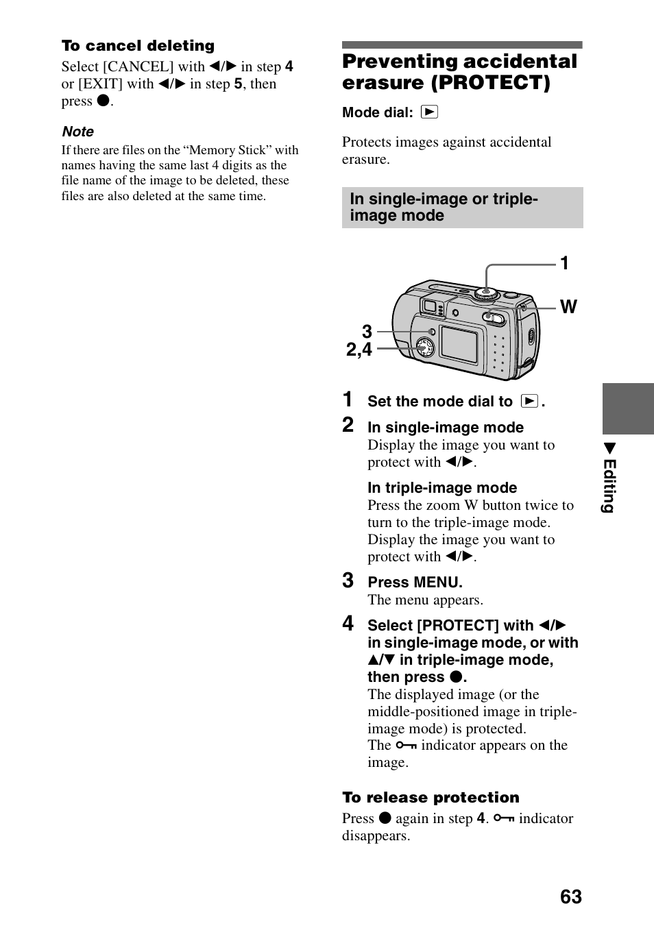 Preventing accidental erasure (protect), In single-image or triple- image mode, Preventing accidental erasure | Protect), 1w 2,4 3 | Sony DSC-P30 User Manual | Page 63 / 92