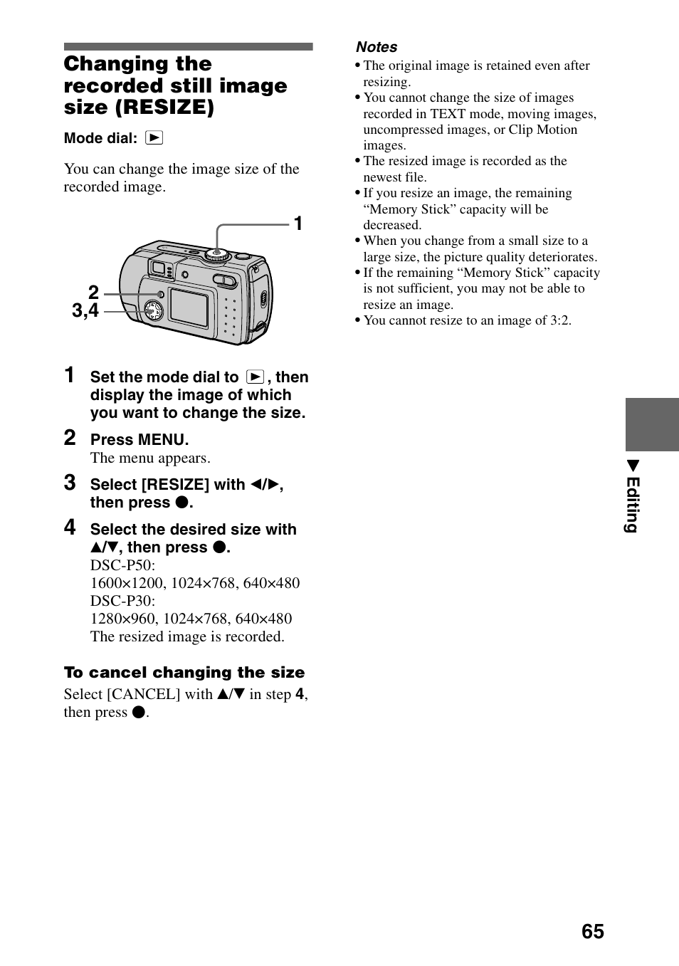 Changing the recorded still image size (resize), Changing the recorded still image size, Resize) | 65 changing the recorded still image size (resize) | Sony DSC-P30 User Manual | Page 65 / 92