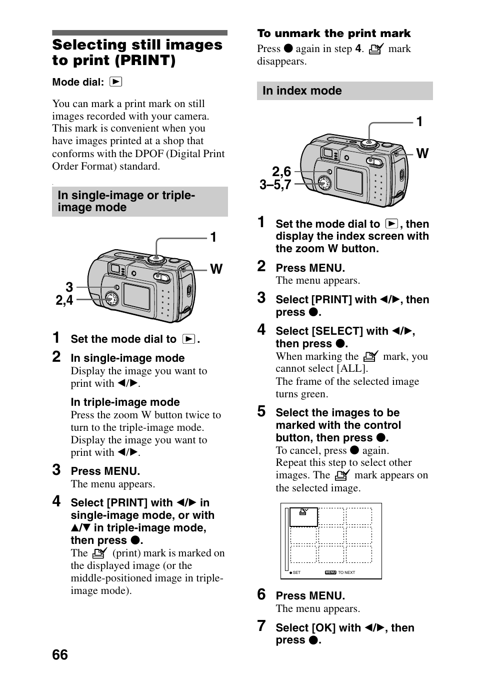 Selecting still images to print (print), In single-image or triple- image mode, In index mode | Selecting still images to print, Print), 66 selecting still images to print (print), 1w 2,4 3 | Sony DSC-P30 User Manual | Page 66 / 92