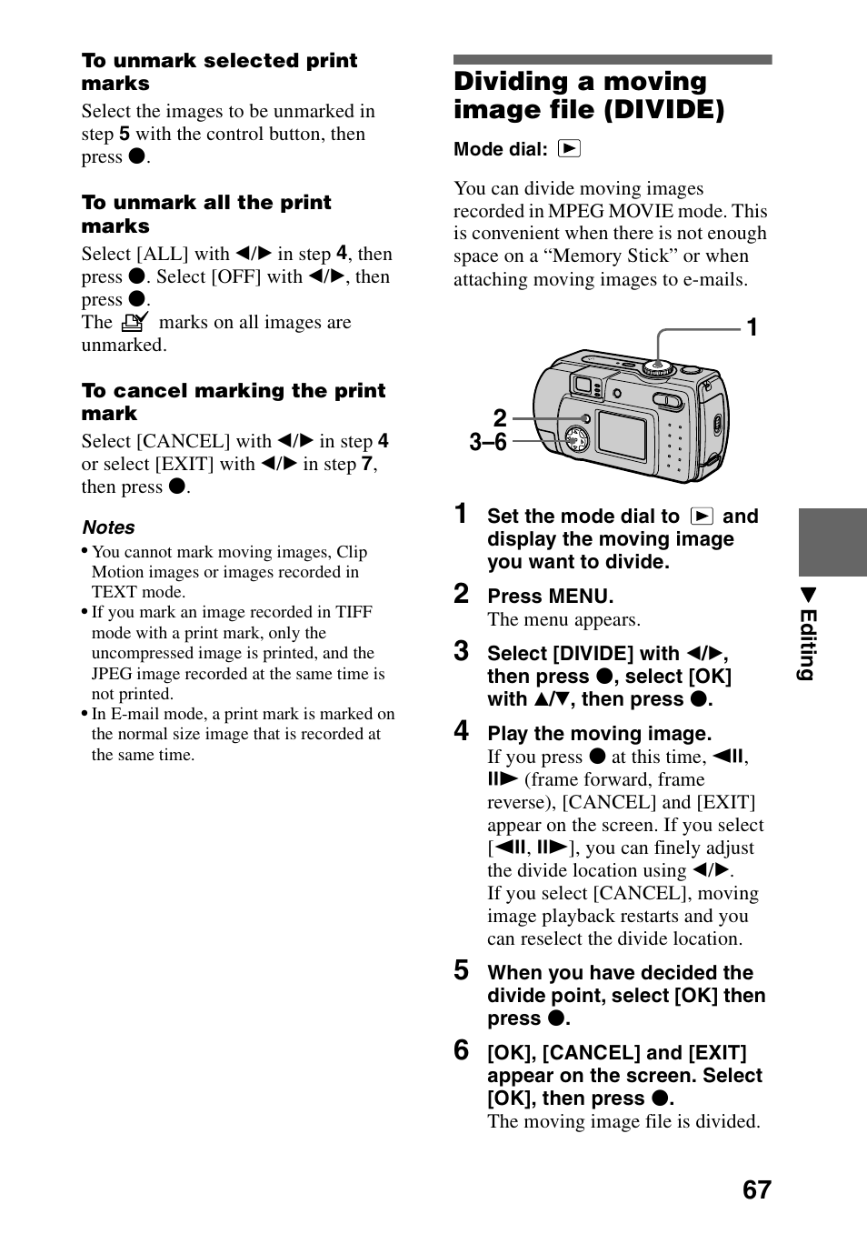 Dividing a moving image file (divide), Dividing a moving image file, Divide) | Sony DSC-P30 User Manual | Page 67 / 92