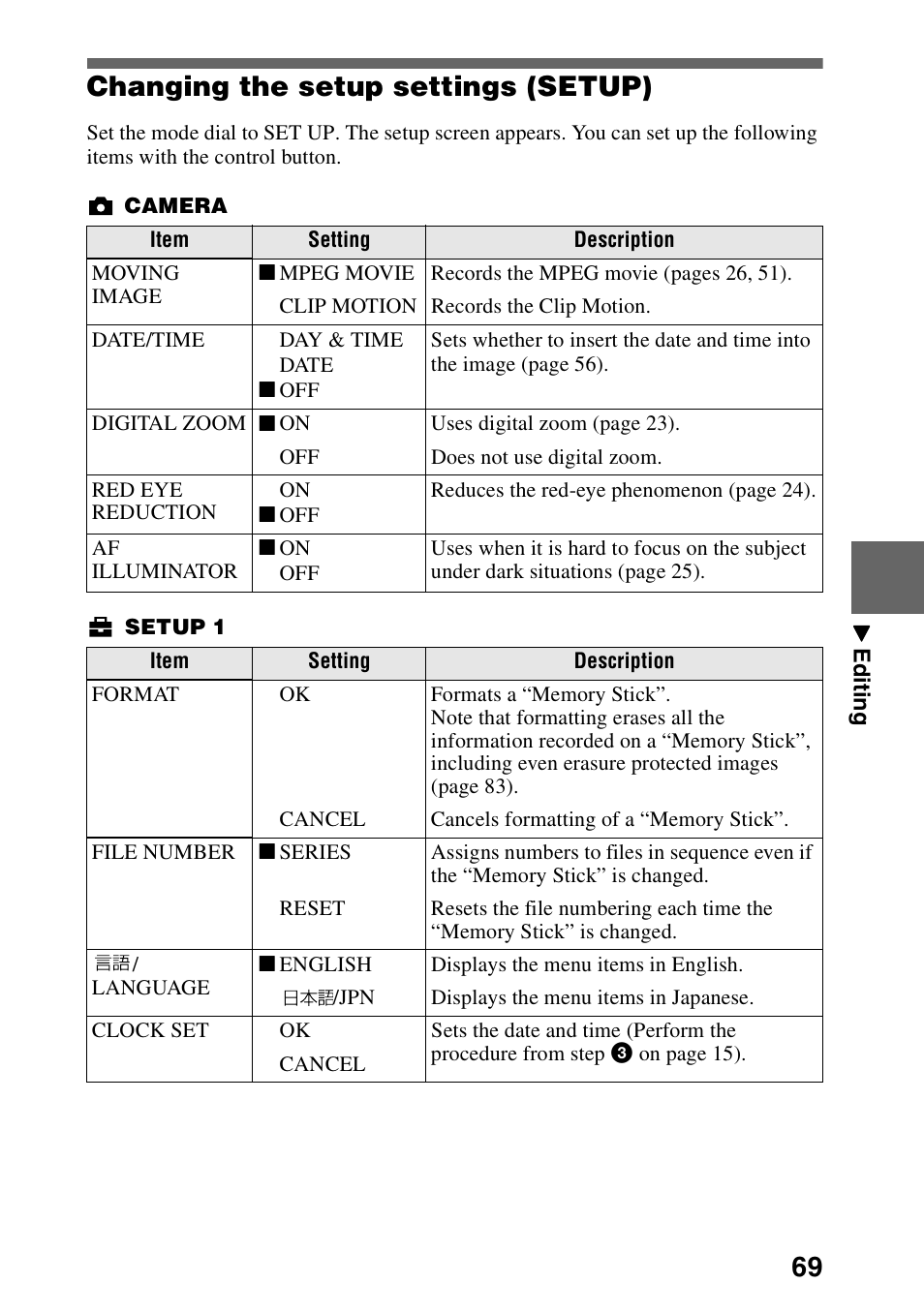 Changing the setup settings (setup), Changing the setup settings, Setup) | 69 changing the setup settings (setup) | Sony DSC-P30 User Manual | Page 69 / 92