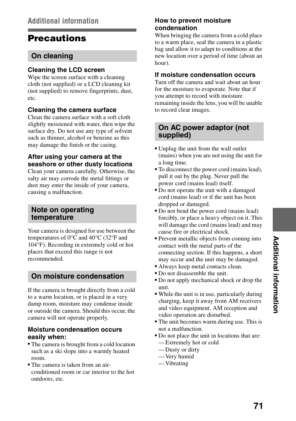 Additional information, Precautions, On cleaning | Note on operating temperature, On moisture condensation, On ac power adaptor (not supplied) | Sony DSC-P30 User Manual | Page 71 / 92