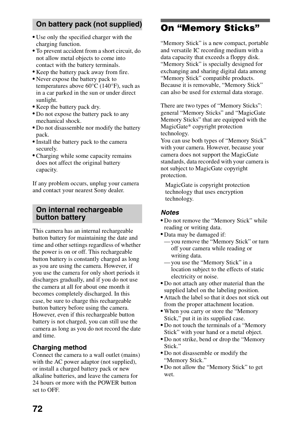 On battery pack (not supplied), On internal rechargeable button battery, On “memory sticks | Sony DSC-P30 User Manual | Page 72 / 92