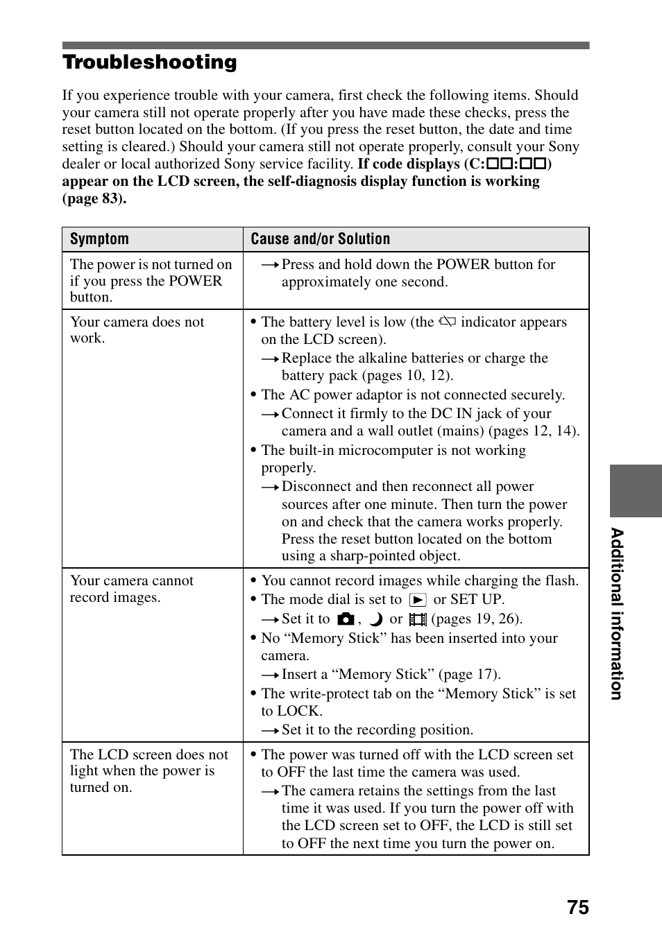Troubleshooting, N (75), 75 troubleshooting | Sony DSC-P30 User Manual | Page 75 / 92