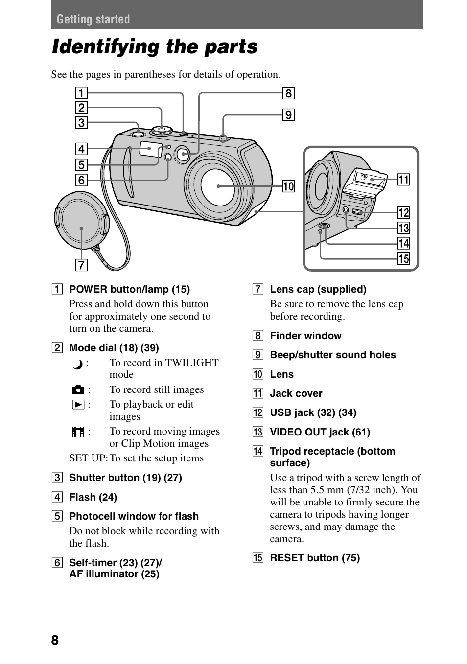 Getting started, Identifying the parts | Sony DSC-P30 User Manual | Page 8 / 92