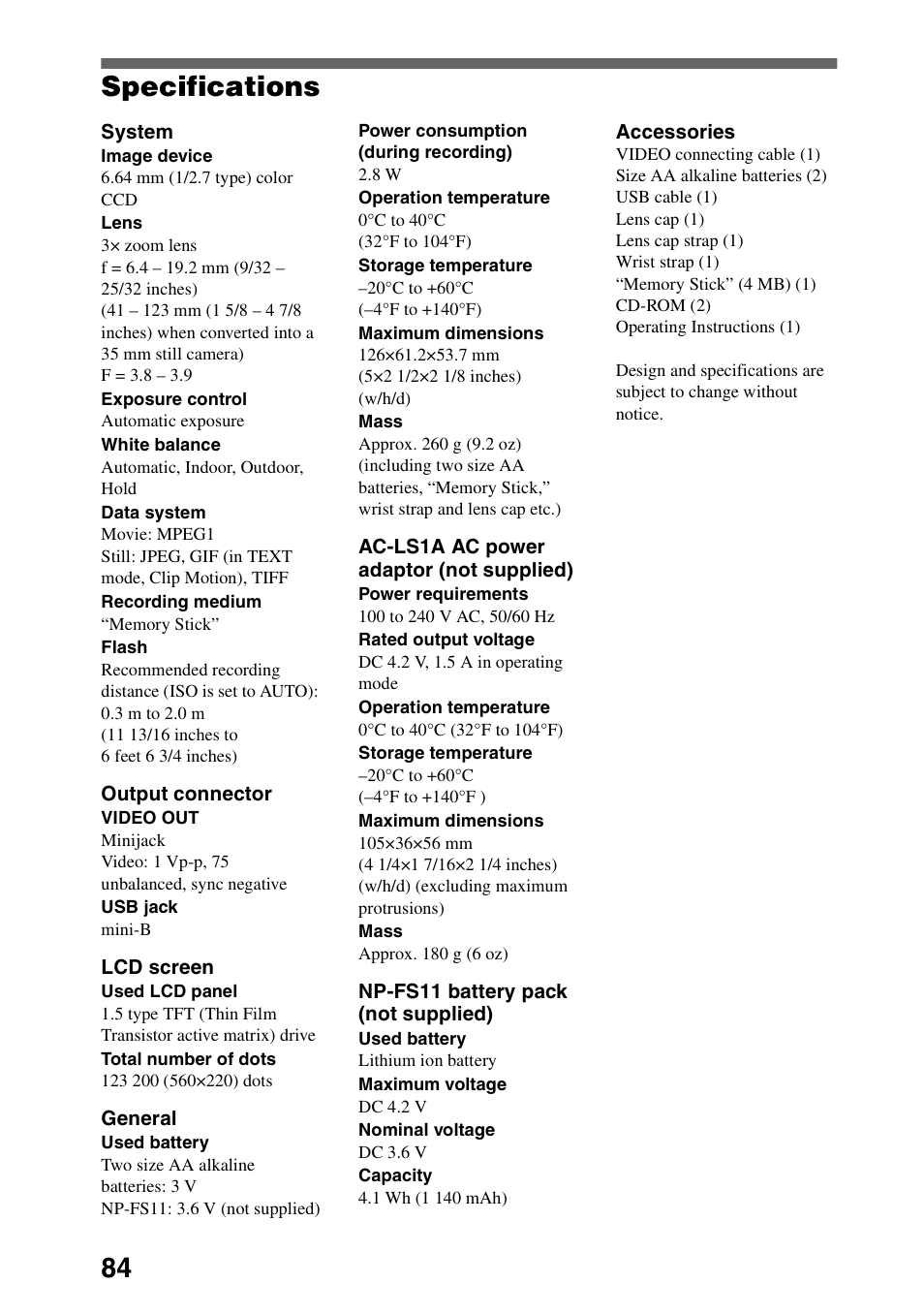 Specifications, 84 specifications | Sony DSC-P30 User Manual | Page 84 / 92