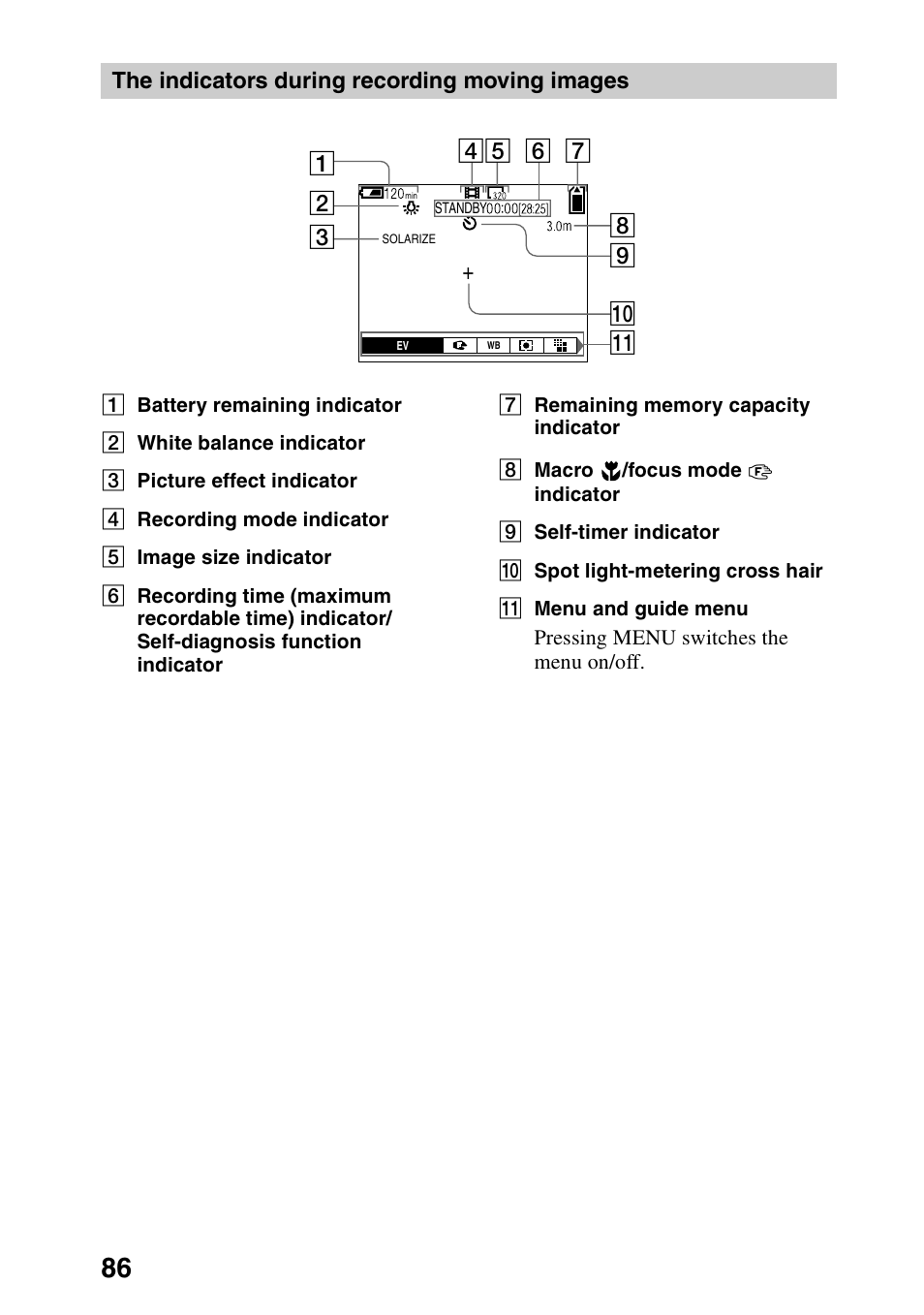 The indicators during recording moving images | Sony DSC-P30 User Manual | Page 86 / 92