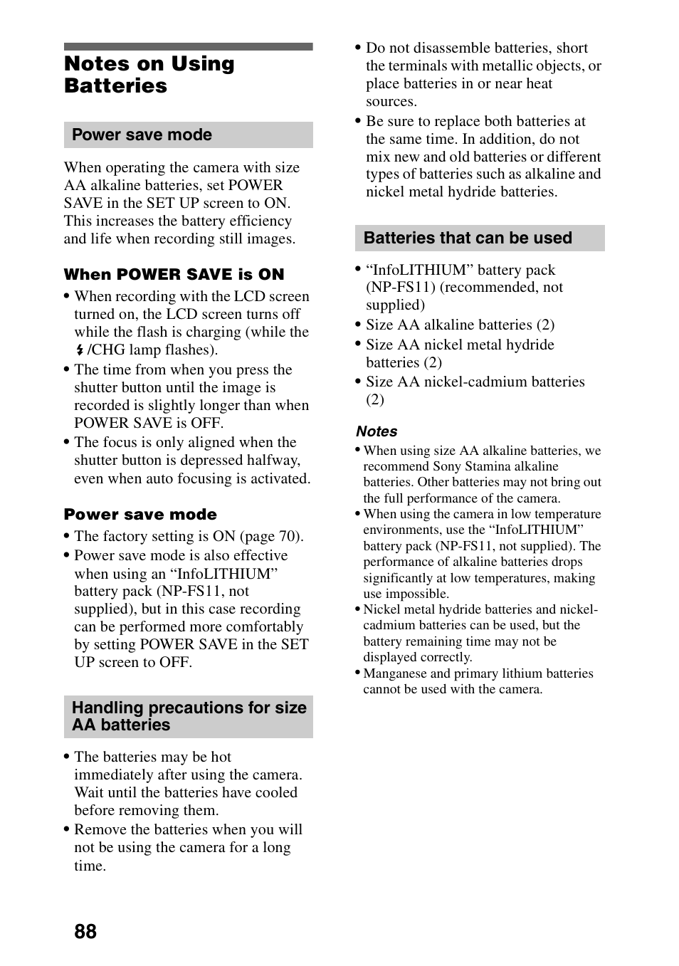 Notes on using batteries, Power save mode, Handling precautions for size aa batteries | Batteries that can be used | Sony DSC-P30 User Manual | Page 88 / 92