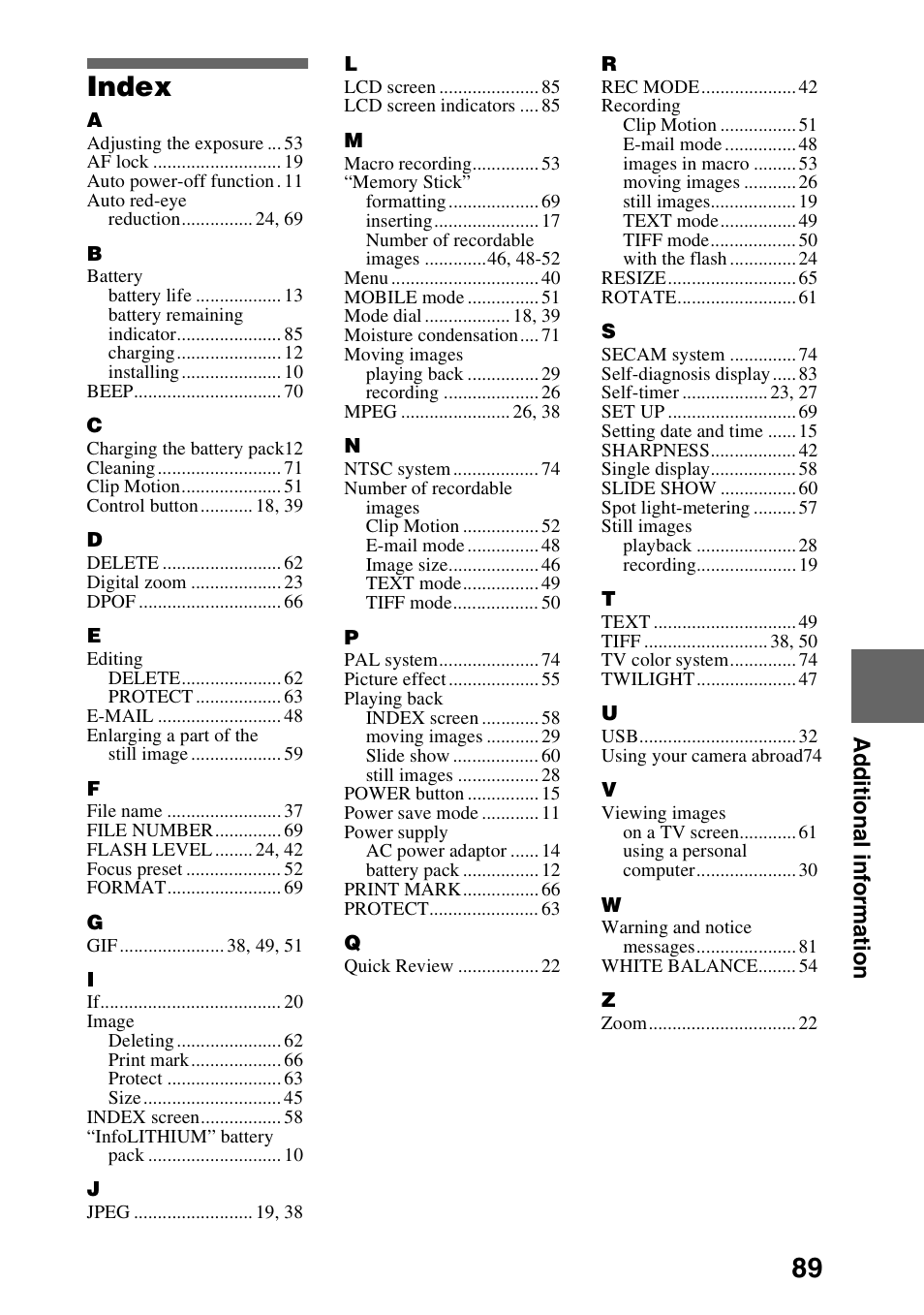 Index, 89 index | Sony DSC-P30 User Manual | Page 89 / 92