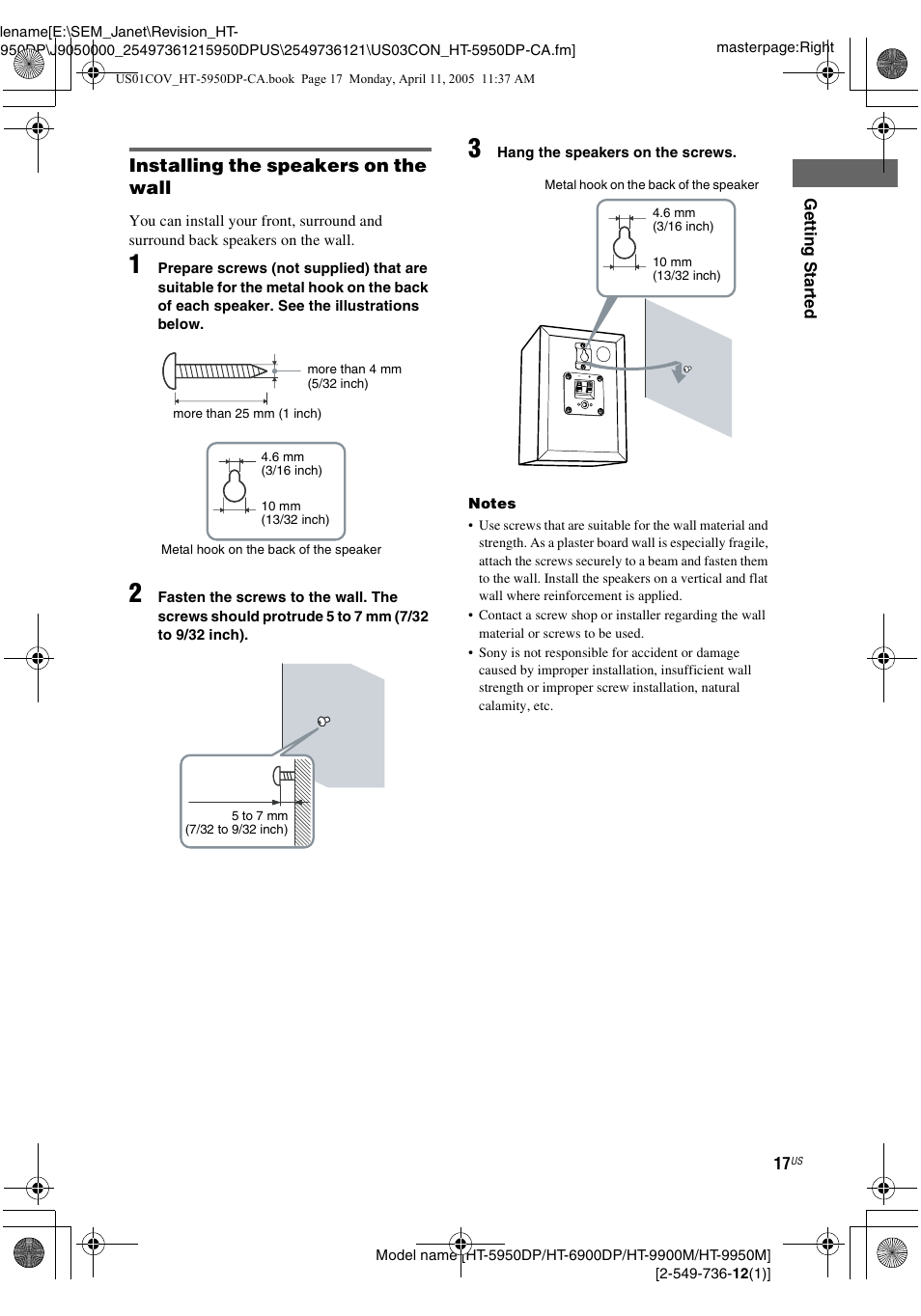 Installing the speakers on the wall | Sony HT-9900M User Manual | Page 17 / 60