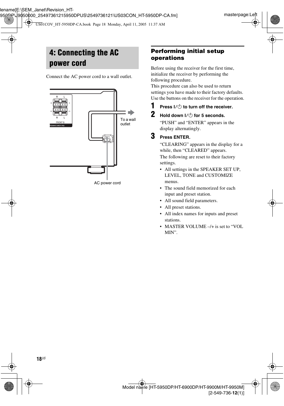 Connecting the ac power cord | Sony HT-9900M User Manual | Page 18 / 60