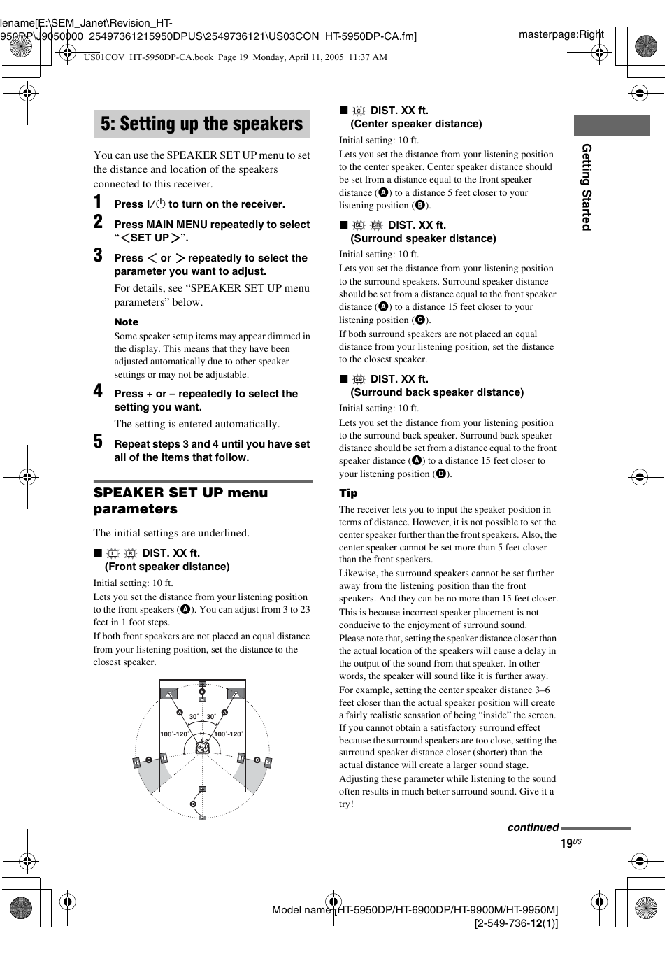 Setting up the speakers, Speaker set up menu parameters | Sony HT-9900M User Manual | Page 19 / 60