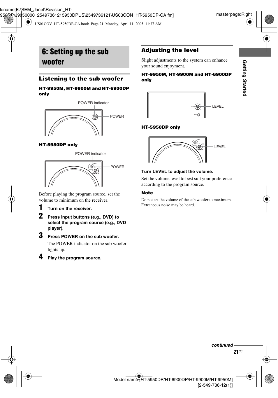 Setting up the sub woofer | Sony HT-9900M User Manual | Page 21 / 60