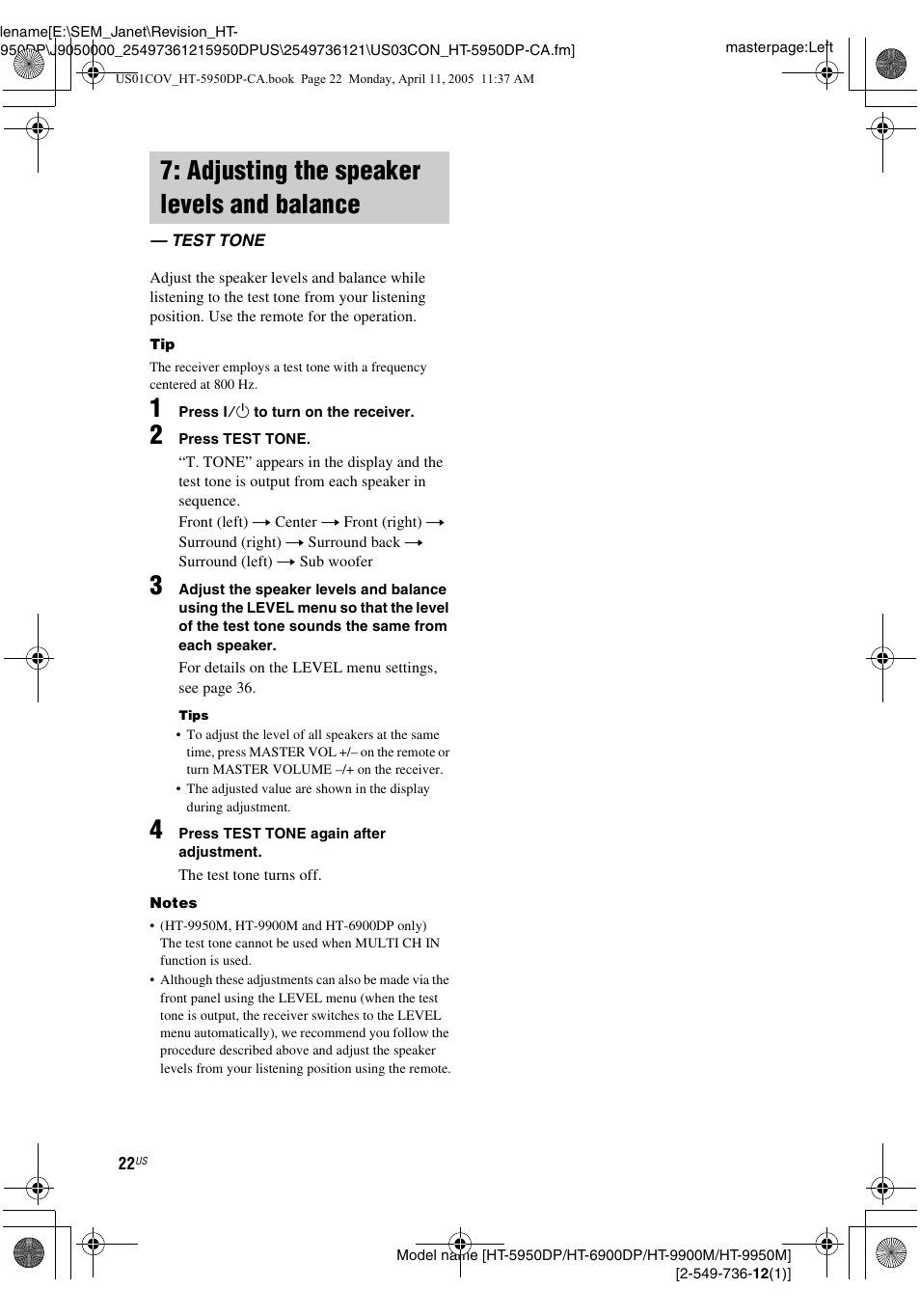 Adjusting the speaker levels and balance, Test tone | Sony HT-9900M User Manual | Page 22 / 60