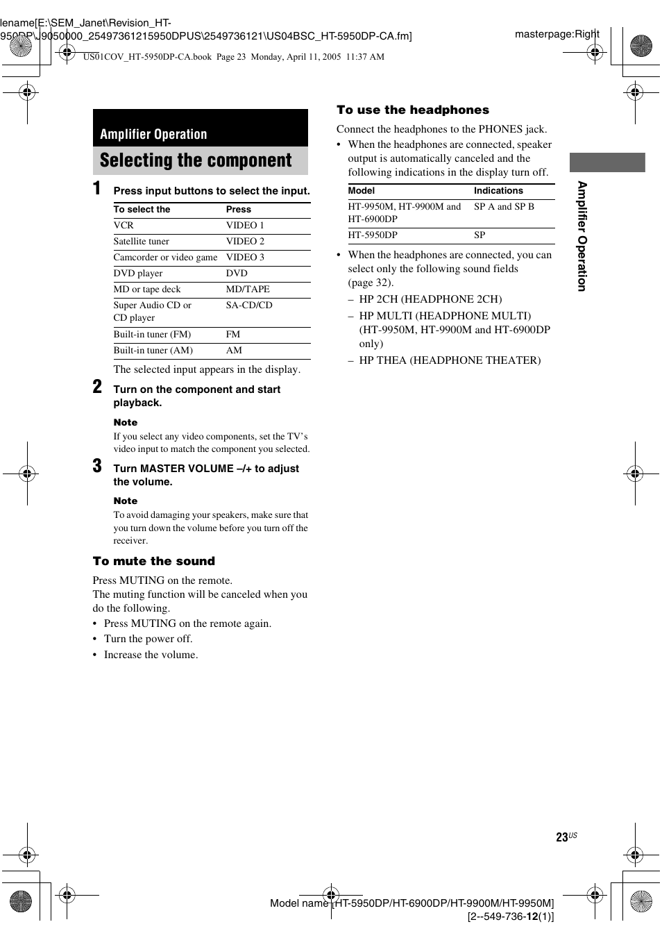 Amplifier operation, Selecting the component | Sony HT-9900M User Manual | Page 23 / 60