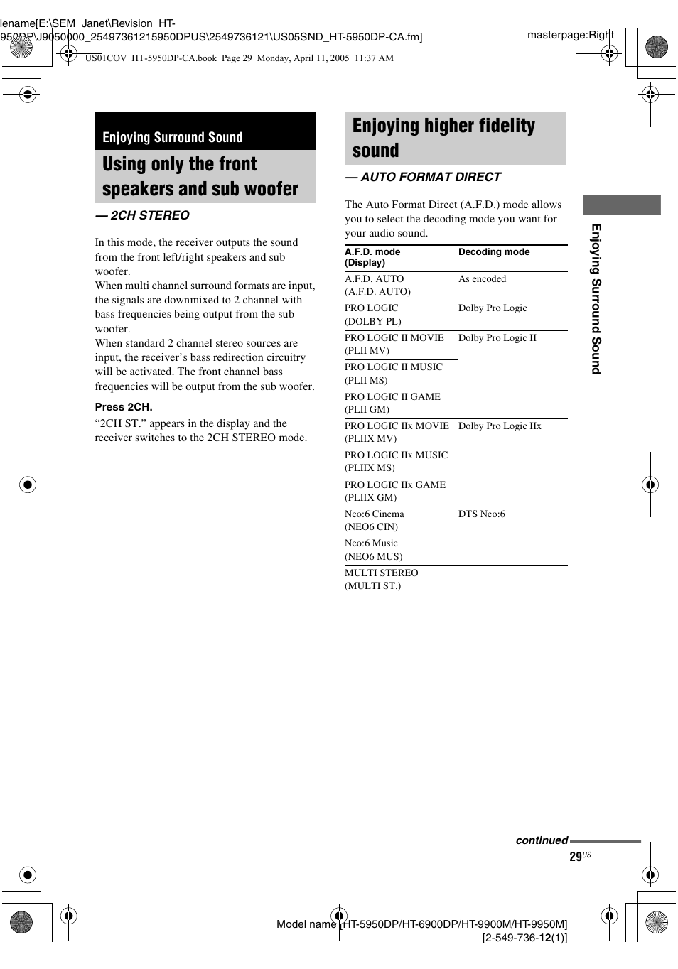 Enjoying surround sound, Using only the front speakers and sub woofer, 2ch stereo | Enjoying higher fidelity sound, Auto format direct | Sony HT-9900M User Manual | Page 29 / 60