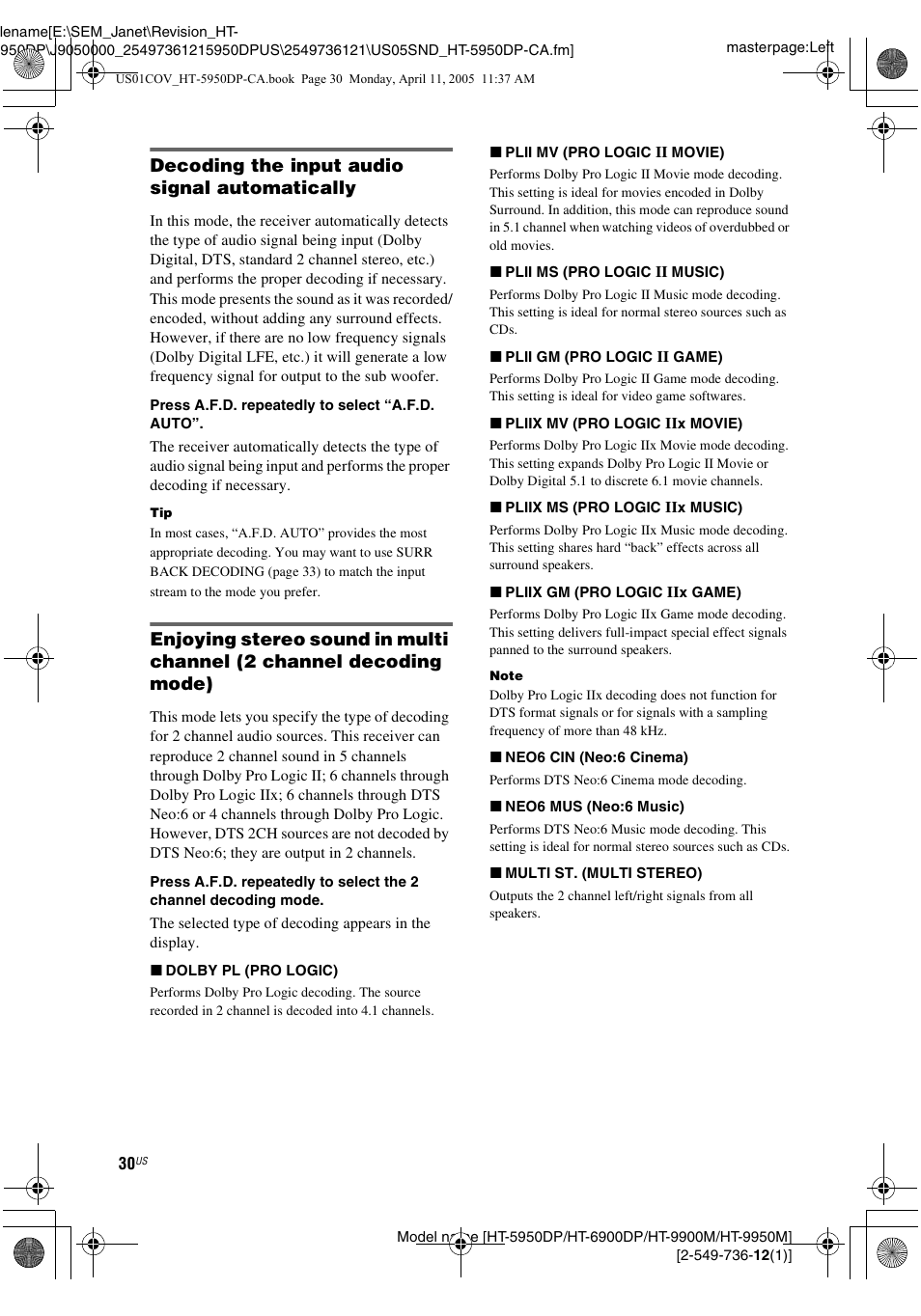Decoding the input audio signal automatically | Sony HT-9900M User Manual | Page 30 / 60