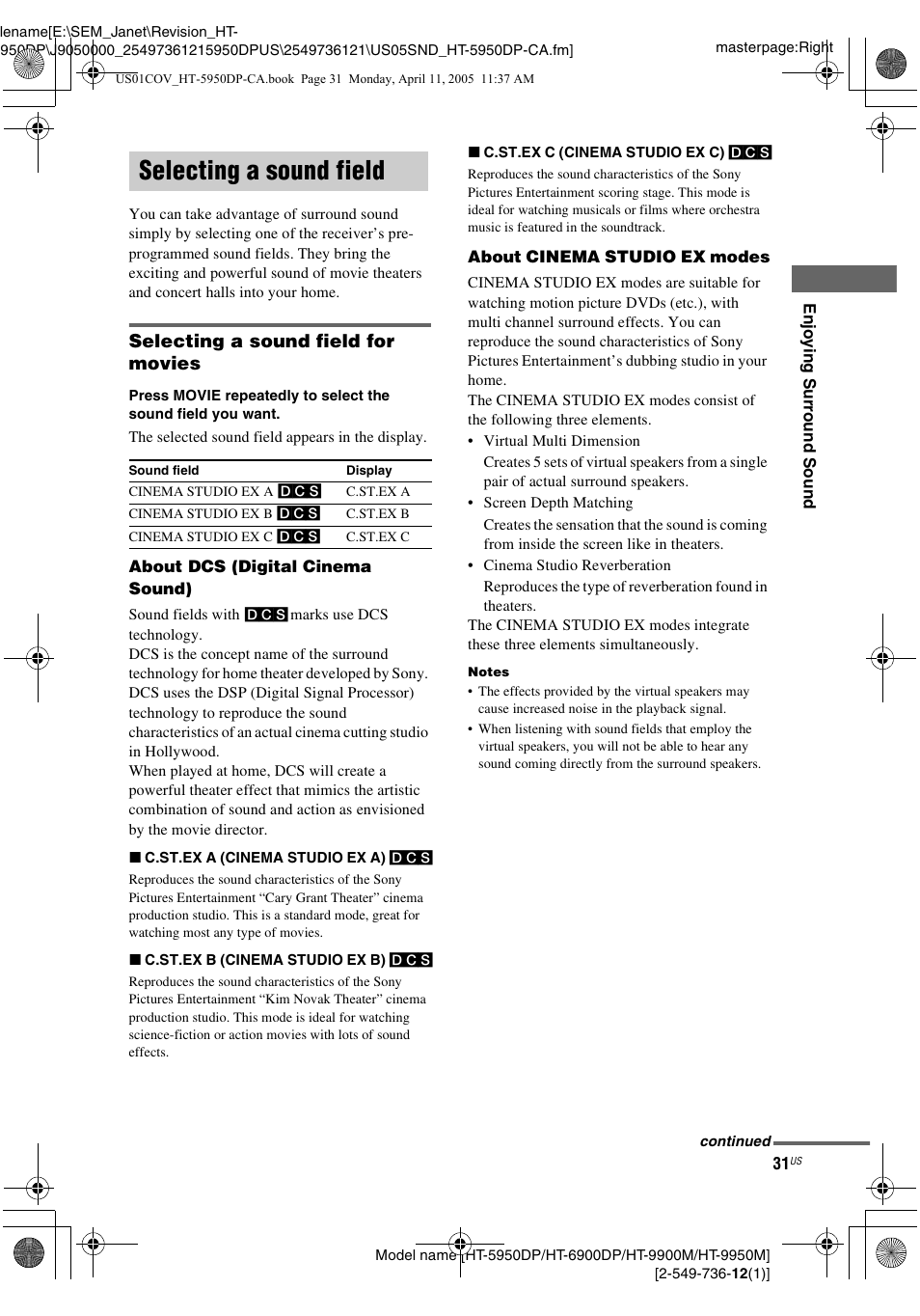 Selecting a sound field, Selecting a sound field for movies | Sony HT-9900M User Manual | Page 31 / 60