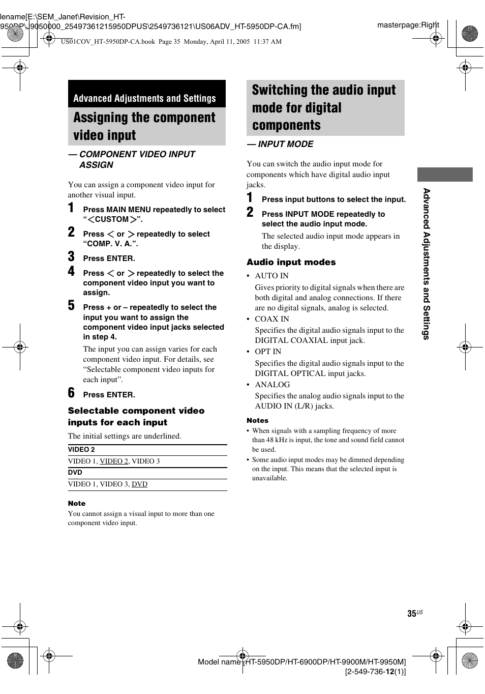 Advanced adjustments and settings, Assigning the component video input, Component video input assign | Input mode | Sony HT-9900M User Manual | Page 35 / 60