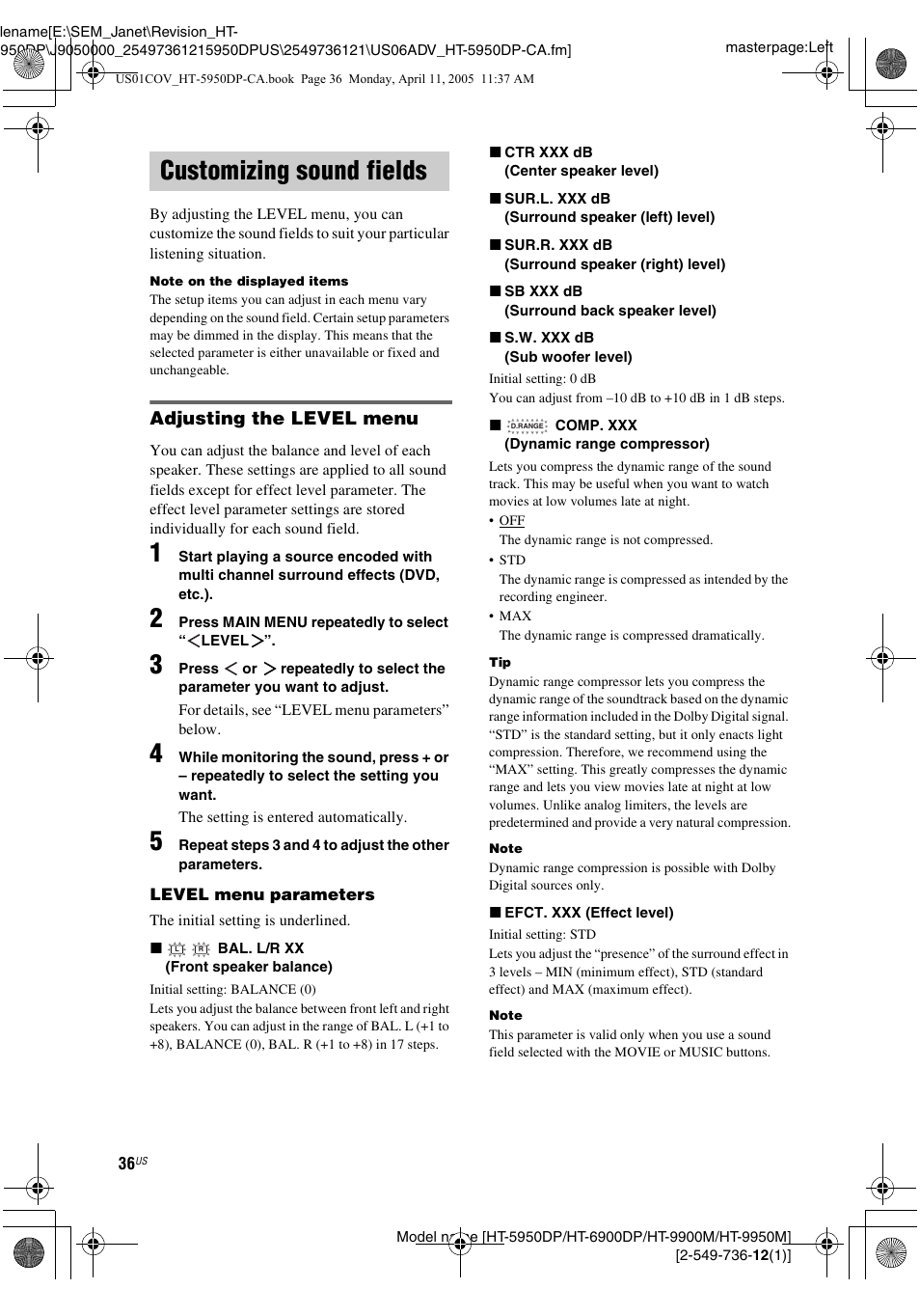 Customizing sound fields, Adjusting the level menu | Sony HT-9900M User Manual | Page 36 / 60