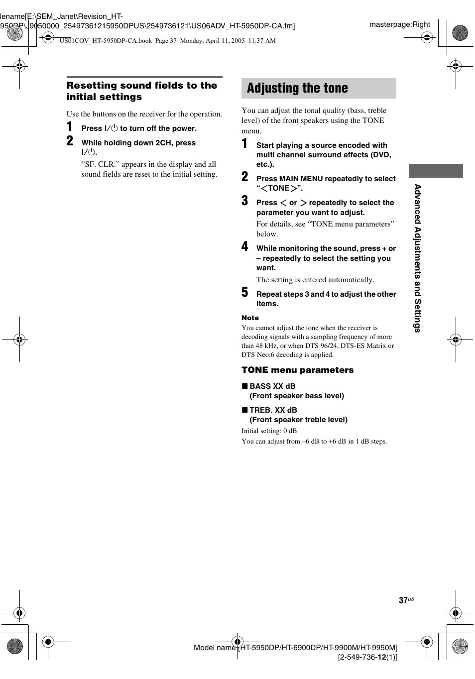 Adjusting the tone | Sony HT-9900M User Manual | Page 37 / 60
