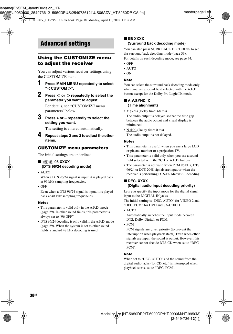 Advanced settings, Using the customize menu to adjust the receiver | Sony HT-9900M User Manual | Page 38 / 60