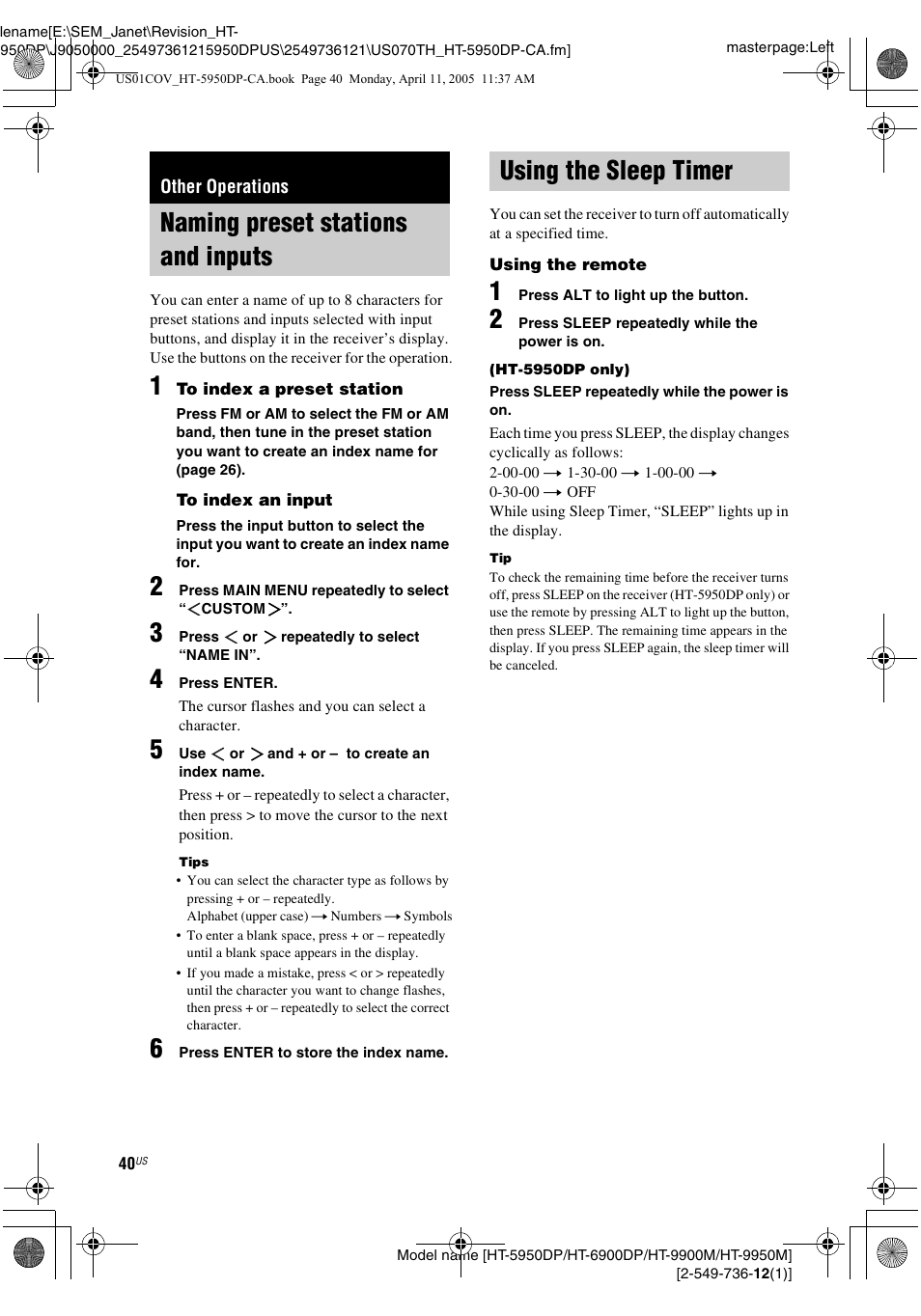 Other operations, Naming preset stations and inputs, Using the sleep timer | Sony HT-9900M User Manual | Page 40 / 60