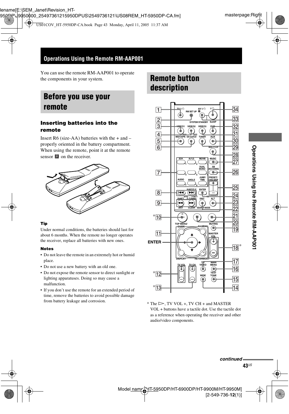 Operations using the remote rm-aap001, Before you use your remote, Remote button description | Ql wg wh wj wk e; ea es ed ef qj qk, Qf qg qh w; wa ws wd wf wl, Ope ra tions us ing the re m o te rm-aap0 0 1, Inserting batteries into the remote | Sony HT-9900M User Manual | Page 43 / 60