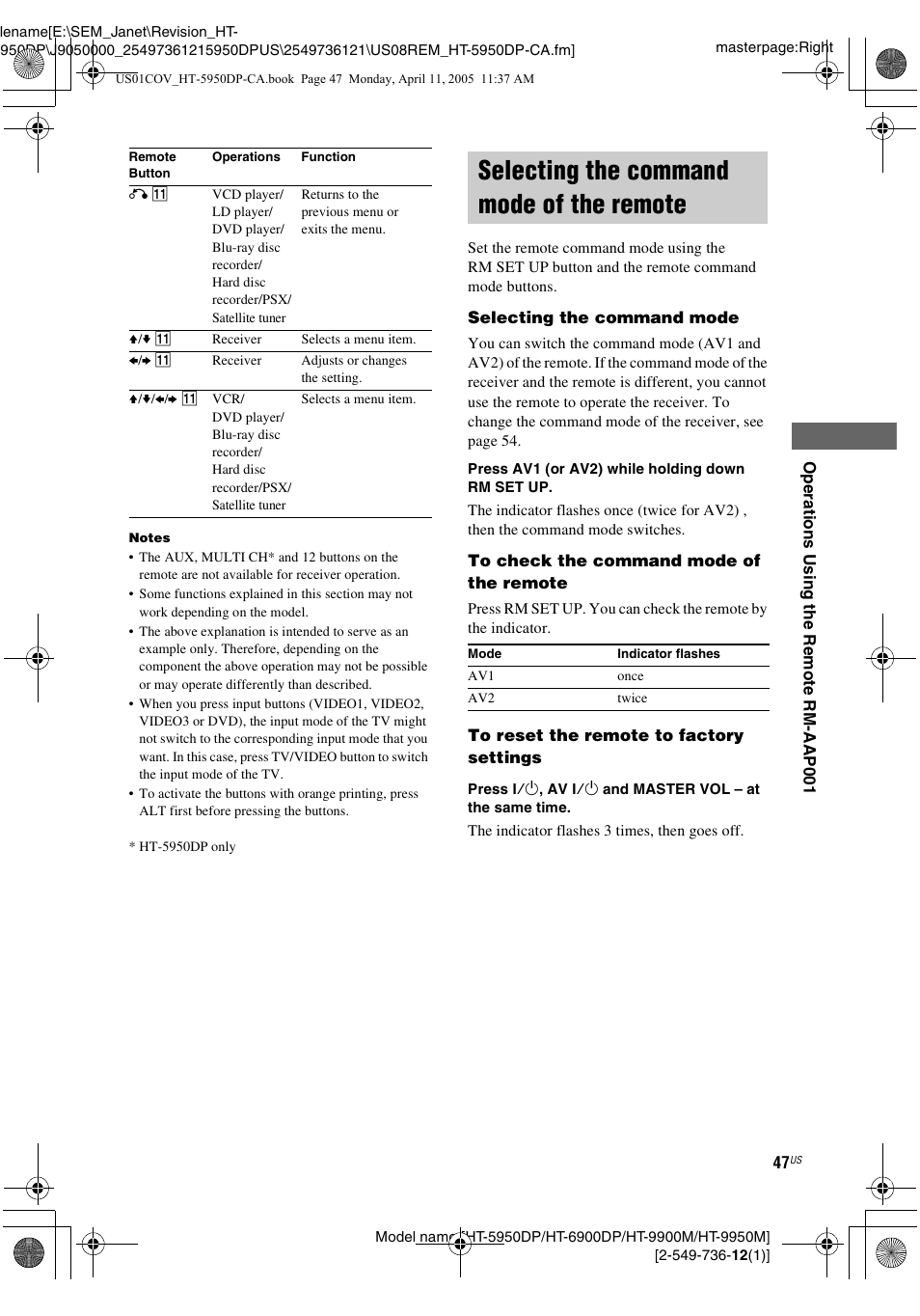 Selecting the command mode of the remote | Sony HT-9900M User Manual | Page 47 / 60