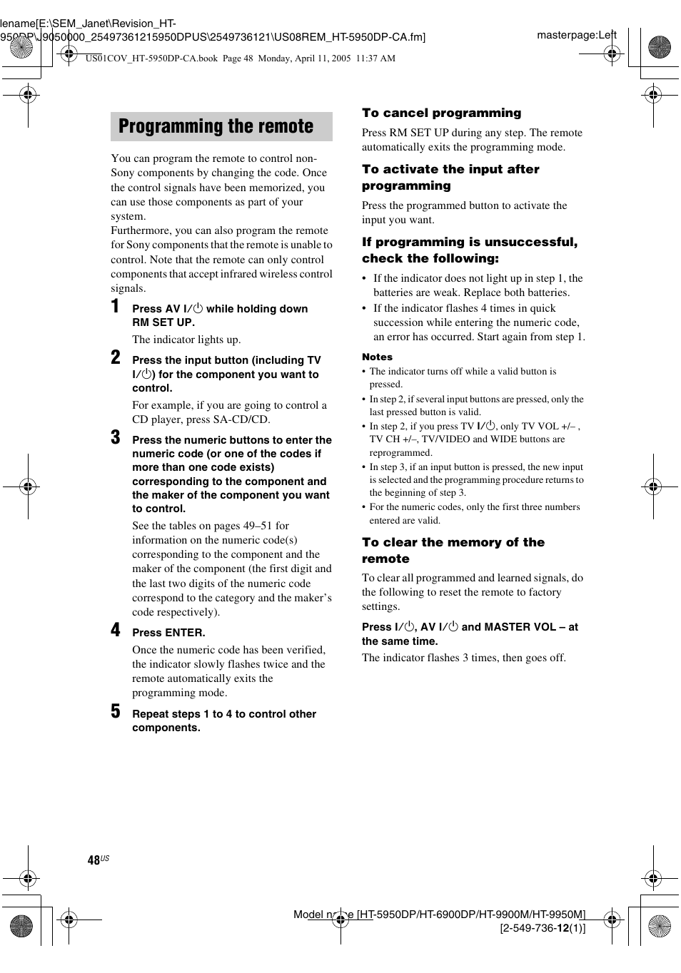 Programming the remote | Sony HT-9900M User Manual | Page 48 / 60