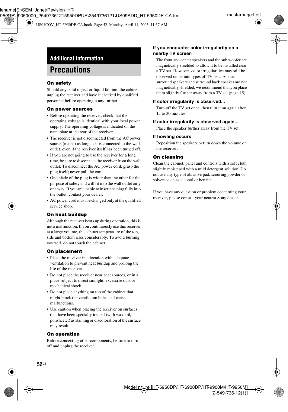 Additional information, Precautions | Sony HT-9900M User Manual | Page 52 / 60