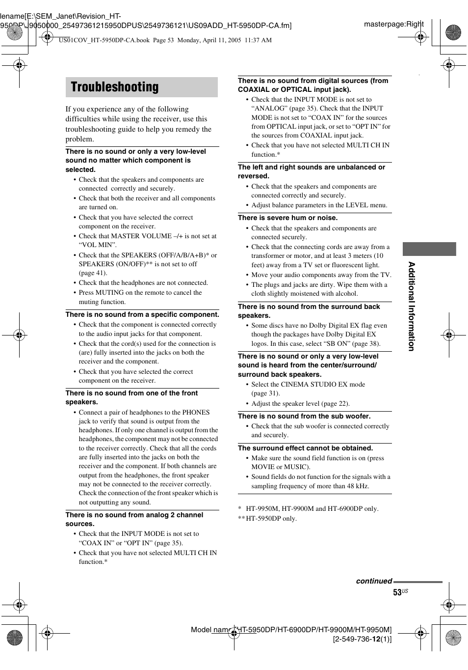 Troubleshooting | Sony HT-9900M User Manual | Page 53 / 60