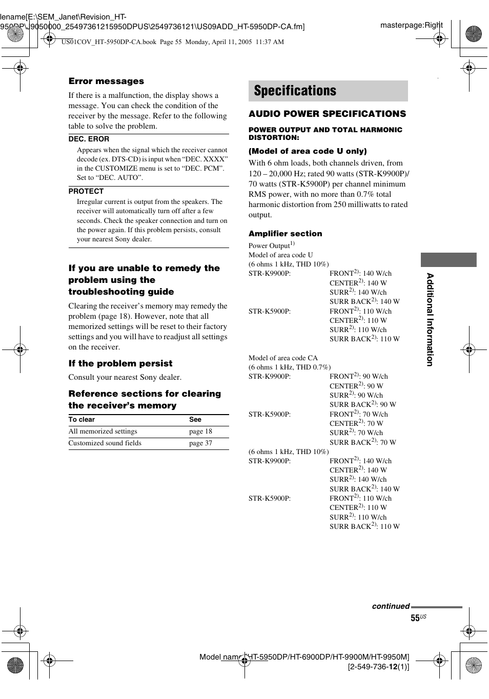 Specifications | Sony HT-9900M User Manual | Page 55 / 60