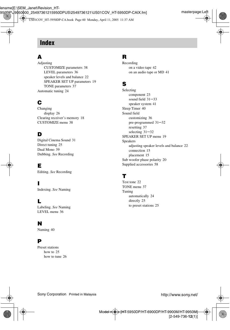 Index | Sony HT-9900M User Manual | Page 60 / 60