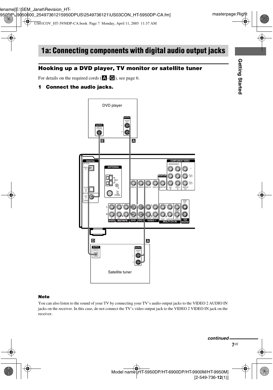 Gettin g star ted, 1connect the audio jacks, For details on the required cords ( a | G), see page 6, Continued, Satellite tuner dvd player | Sony HT-9900M User Manual | Page 7 / 60