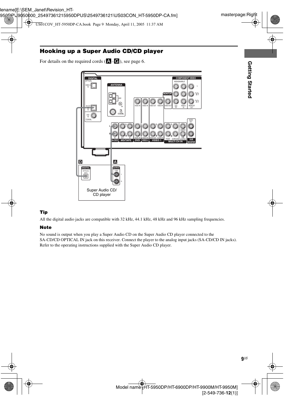 Hooking up a super audio cd/cd player, Gettin g star ted, For details on the required cords ( a | G), see page 6, Super audio cd/ cd player | Sony HT-9900M User Manual | Page 9 / 60