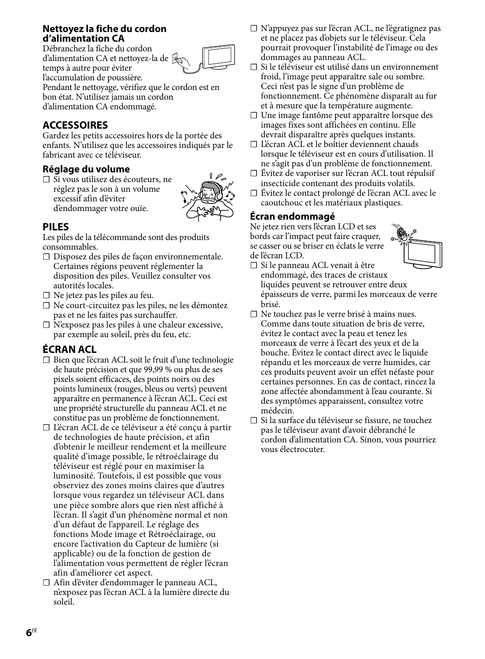 Accessoires, Piles, Écran acl | Sony KDL-46W4100 User Manual | Page 12 / 20