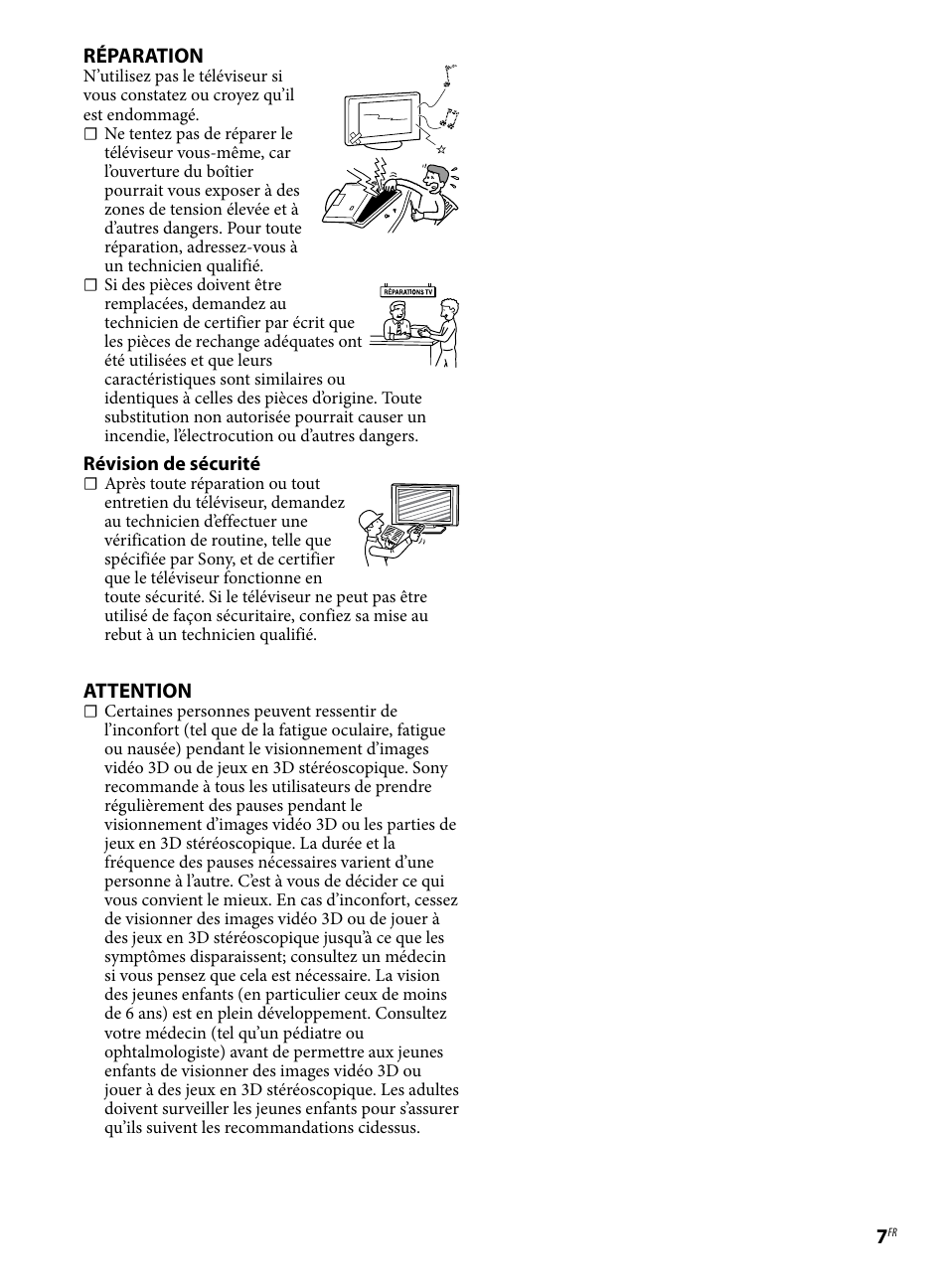 Réparation, Attention | Sony KDL-46W4100 User Manual | Page 13 / 20