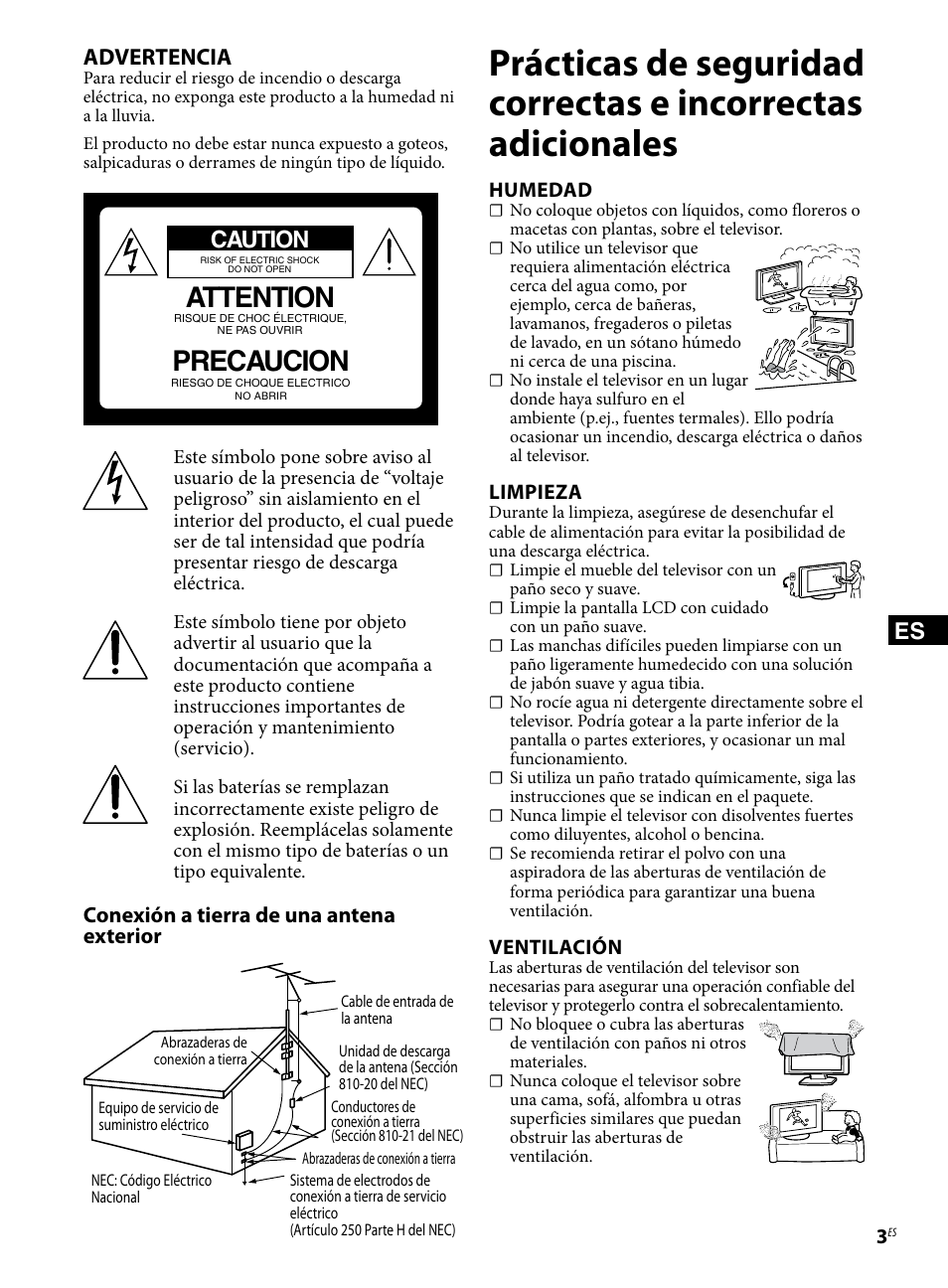 Attention, Precaucion, Advertencia | Caution, Conexión a tierra de una antena exterior | Sony KDL-46W4100 User Manual | Page 15 / 20