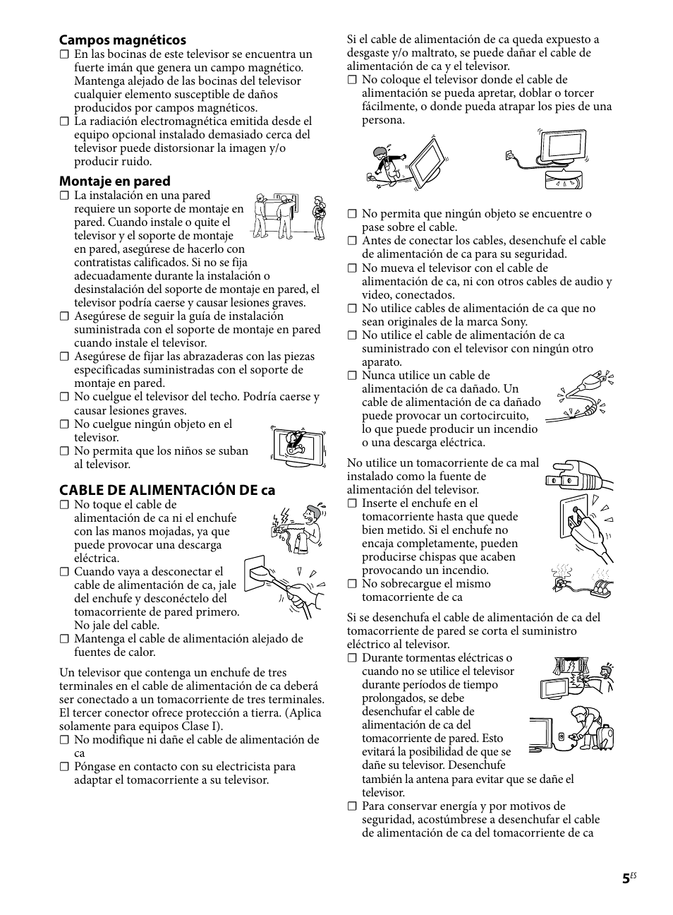 Cable de alimentación de ca | Sony KDL-46W4100 User Manual | Page 17 / 20