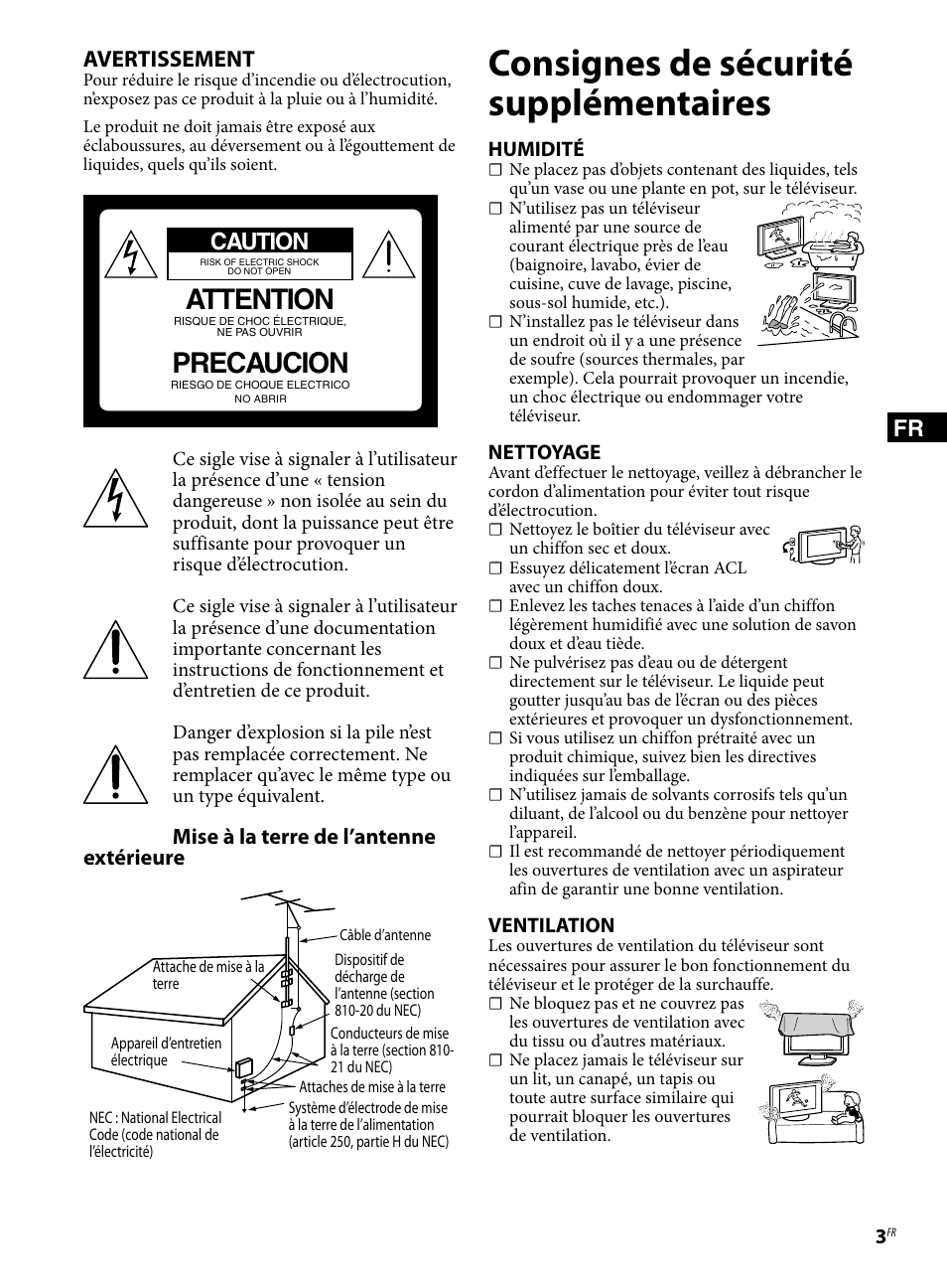 Consignes de sécurité supplémentaires, Attention, Precaucion | Fr avertissement, Caution, Mise à la terre de l’antenne extérieure | Sony KDL-46W4100 User Manual | Page 9 / 20