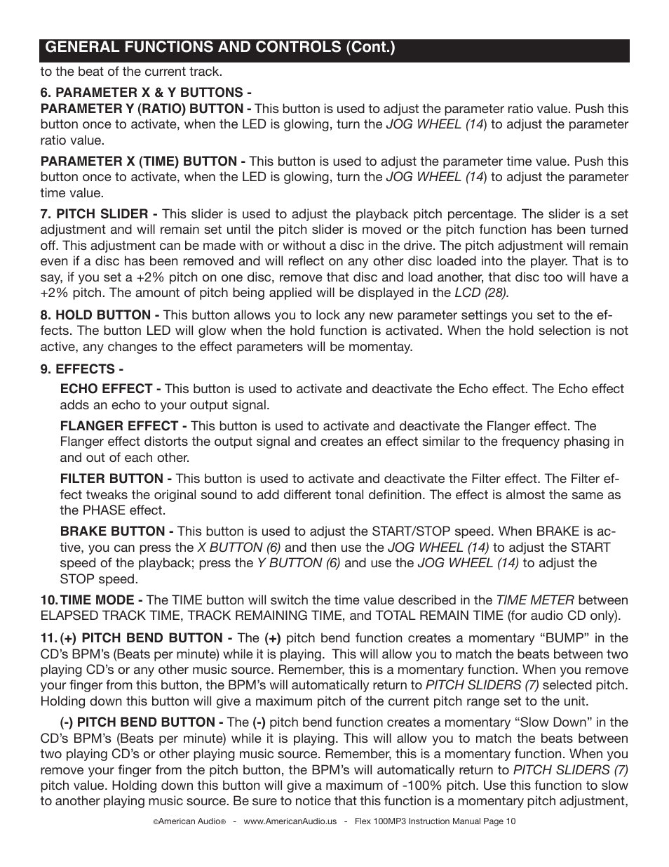 General functions and controls (cont.) | American Audio 100MP3 User Manual | Page 10 / 30