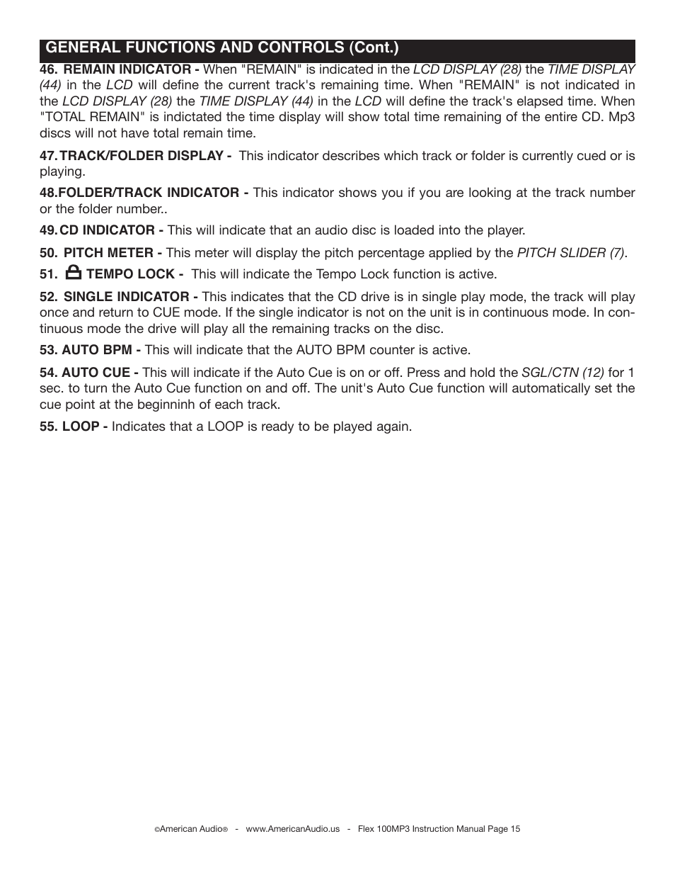 Reloop single auto cue | American Audio 100MP3 User Manual | Page 15 / 30