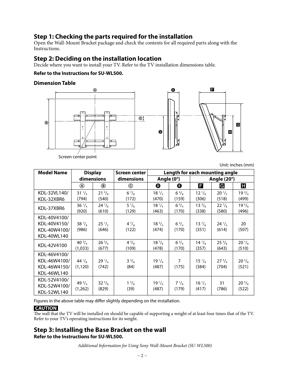 Step 2: deciding on the installation location, Step 3: installing the base bracket on the wall, Dimension table | Sony KDL-40V4150 User Manual | Page 2 / 4