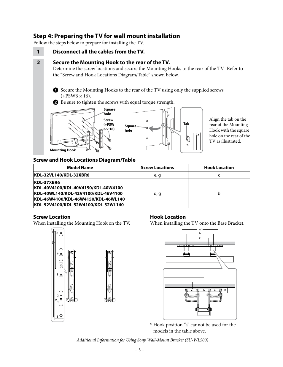 Screw and hook locations diagram/table, Screw location, Hook location | When installing the mounting hook on the tv, When installing the tv onto the base bracket | Sony KDL-40V4150 User Manual | Page 3 / 4