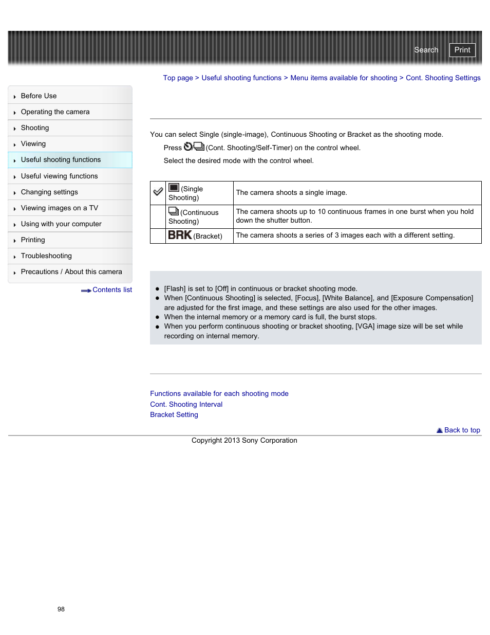 Cont. shooting settings, Cyber-shot user guide | Sony DSC-HX50V User Manual | Page 105 / 289