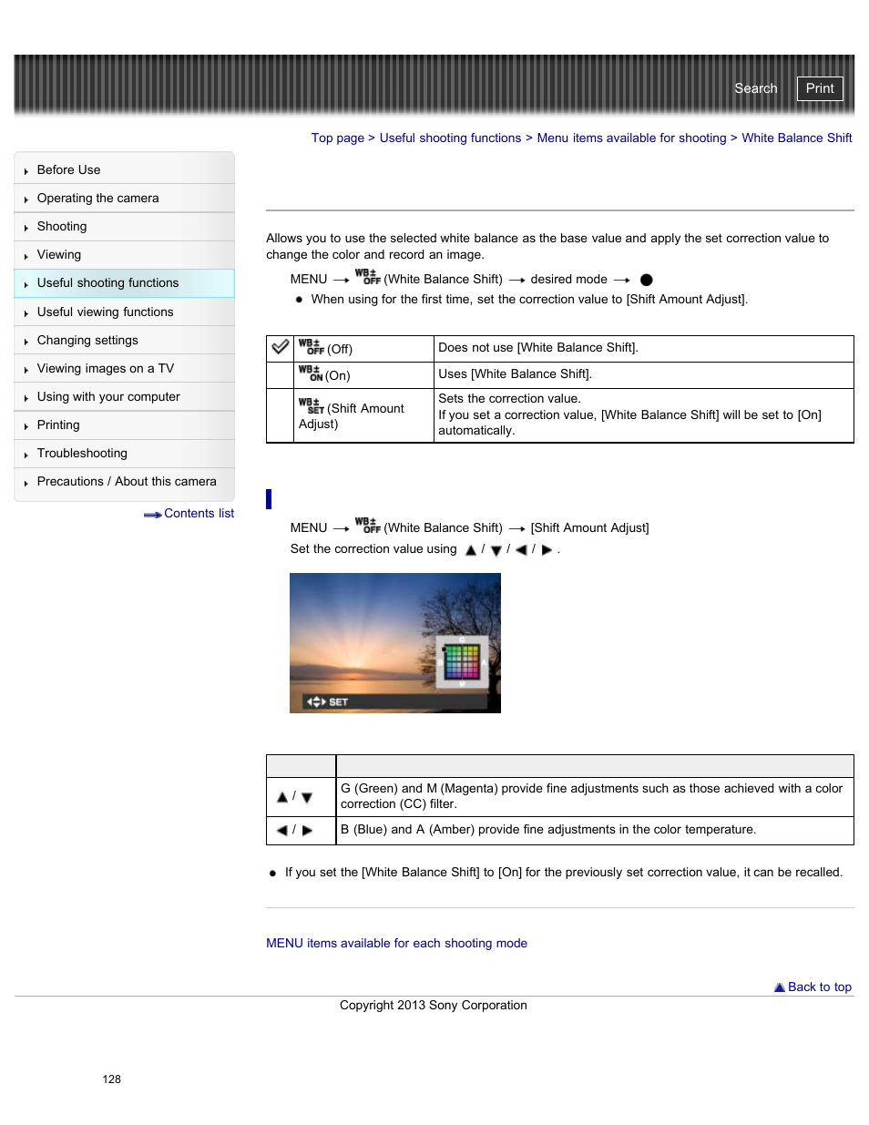 White balance shift, Cyber-shot user guide | Sony DSC-HX50V User Manual | Page 135 / 289