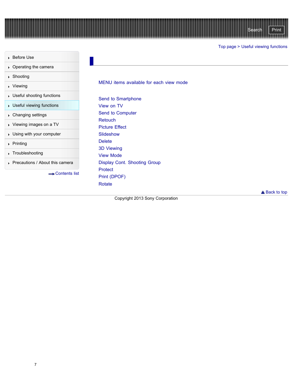 Useful viewing functions, Functions available for each view mode, Menu items (viewing) | Cyber-shot user guide | Sony DSC-HX50V User Manual | Page 14 / 289