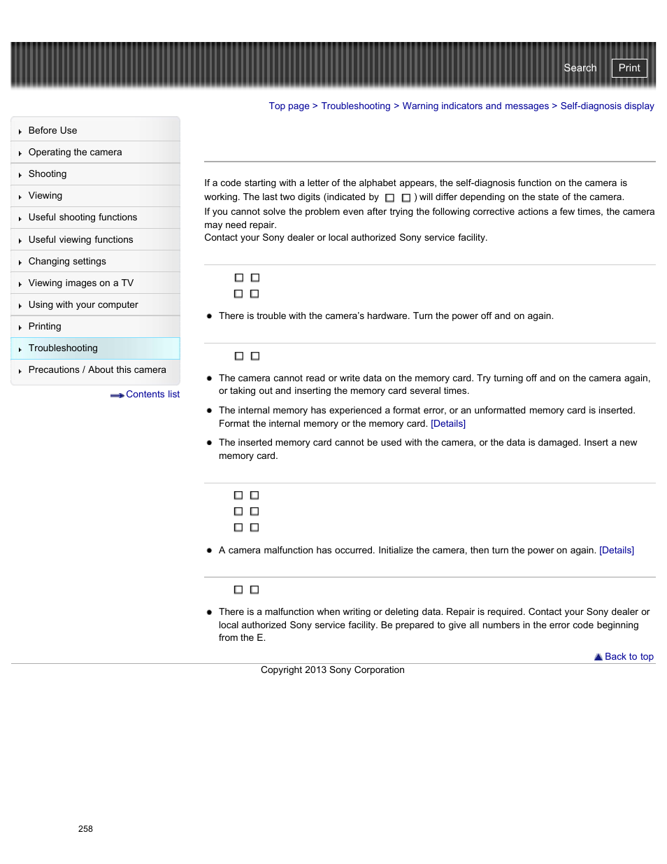 Self-diagnosis display, Cyber-shot user guide | Sony DSC-HX50V User Manual | Page 265 / 289